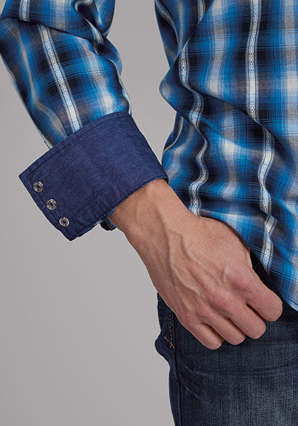 Mens L/S Performance Blue Plaid Snap Shirt