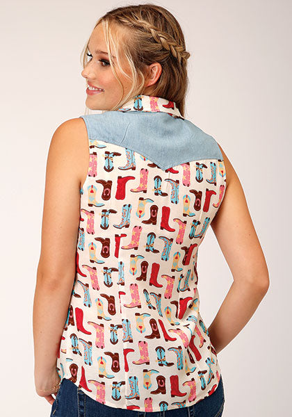 Womens Sleeveless Boot Print Western Shirt