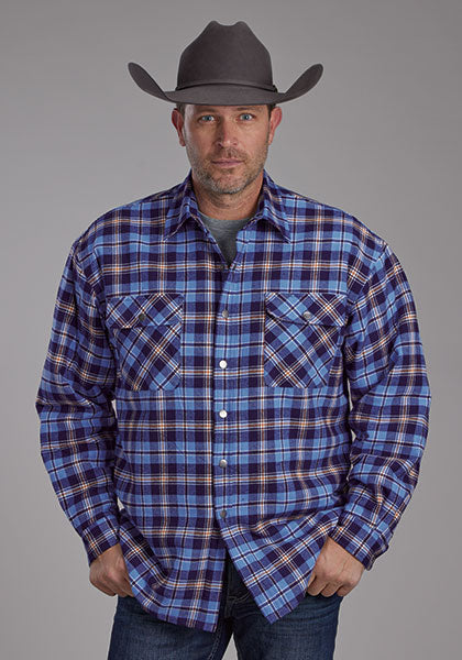 Mens Sherpa Lined Blue Flannel Plaid Jacket