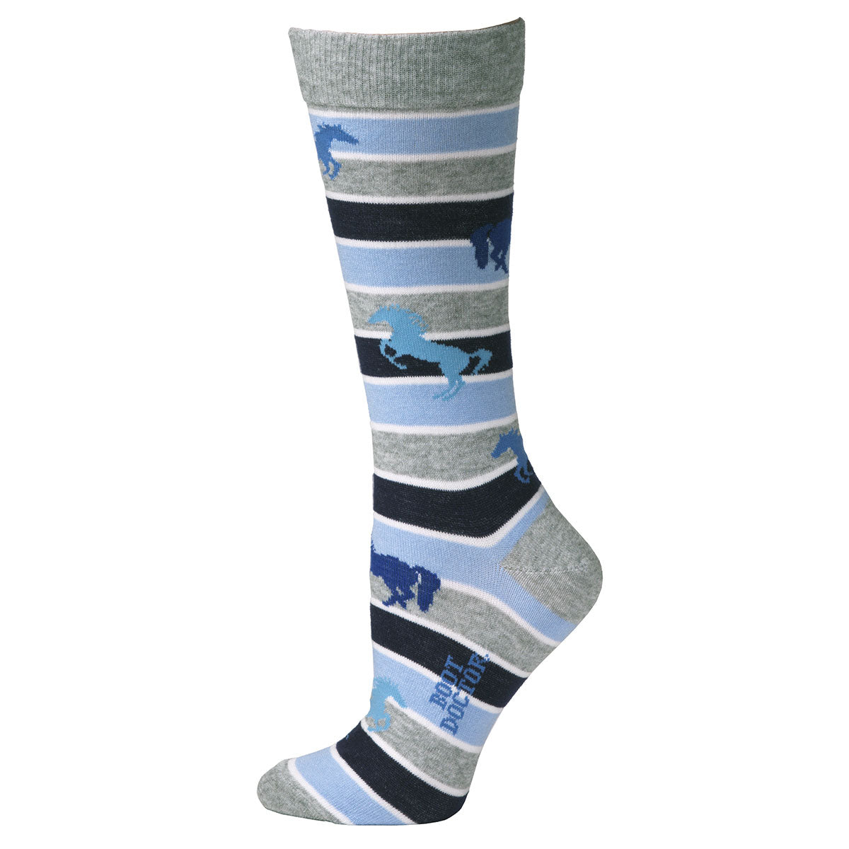 Boot Doctor Ladies Sock Crew Style Light Blue Striped Running Horse Design