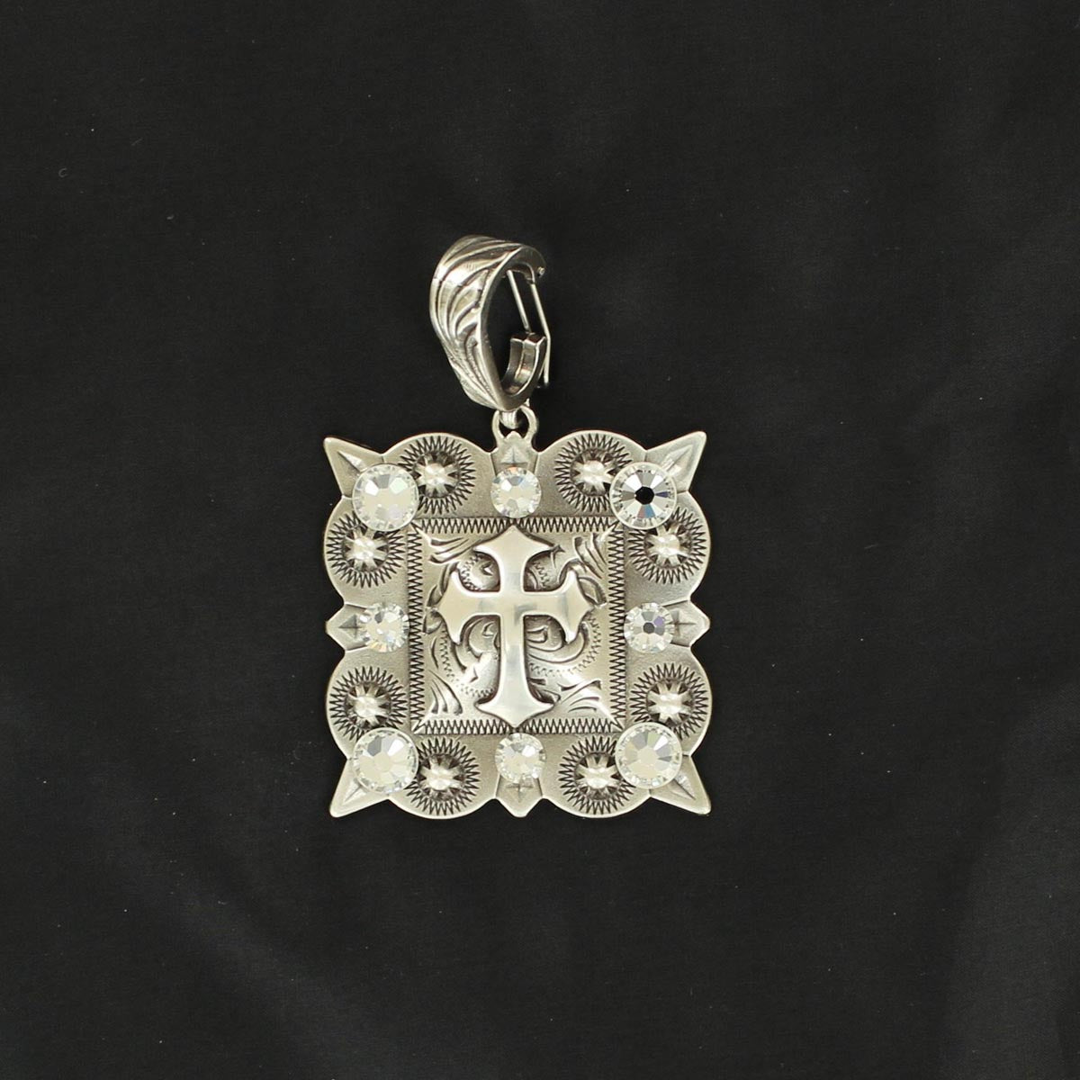 Square Berry Concho with Cross and Crystals Pendant