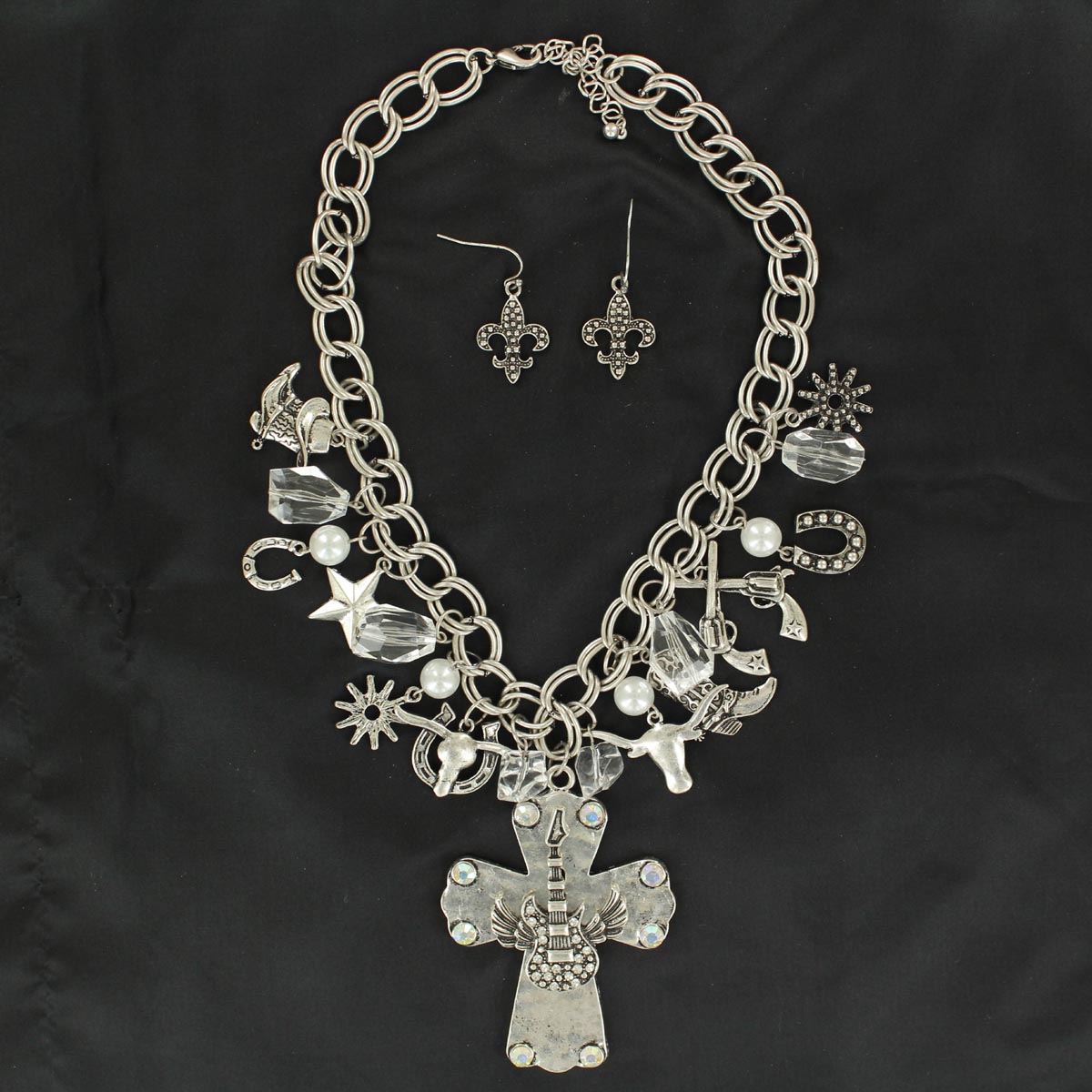 Silver Western Charm Necklace and Earring Set