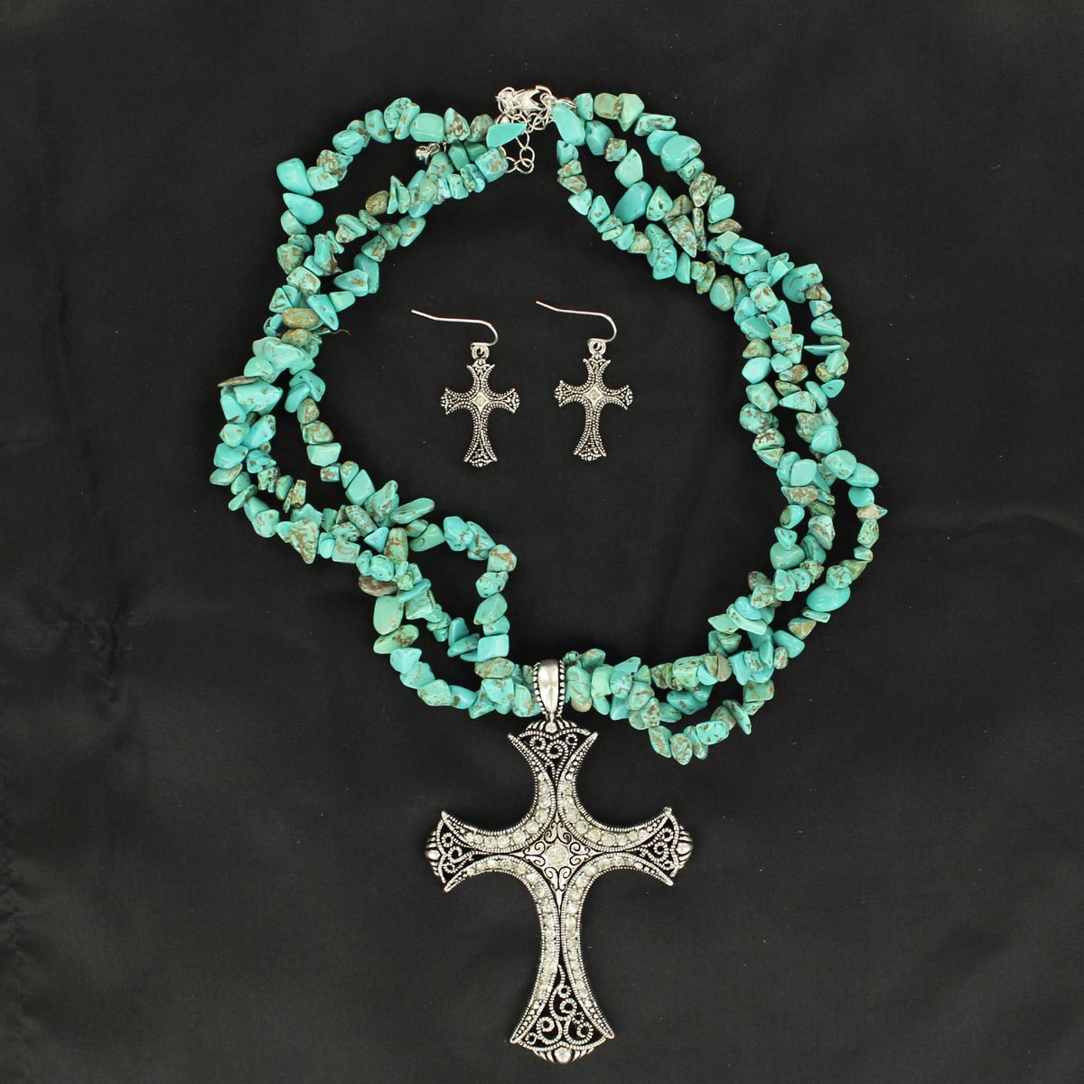 3-strand Turquoise Necklace Set with Cross