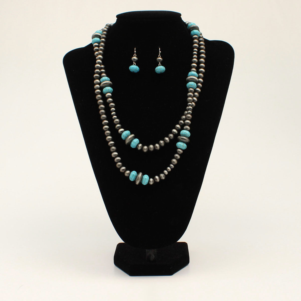 Double Strand Silver & Turquoise Bead Necklace Set