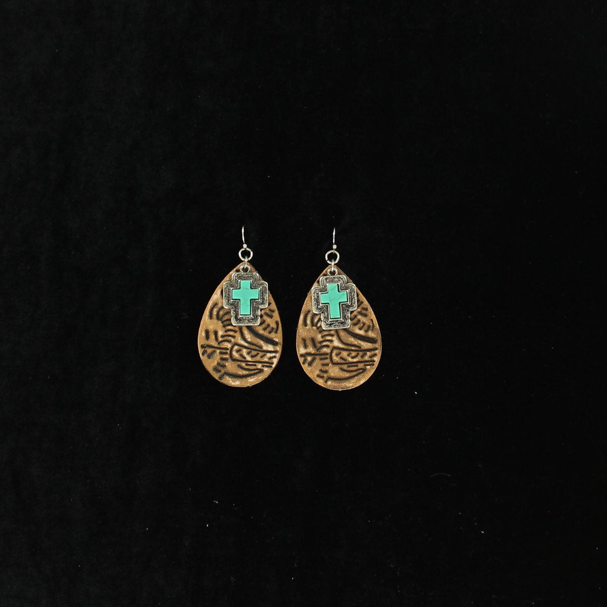 Blazin Roxx Earrings Brown Distressed Look Embossed Teardrops TQ Cross