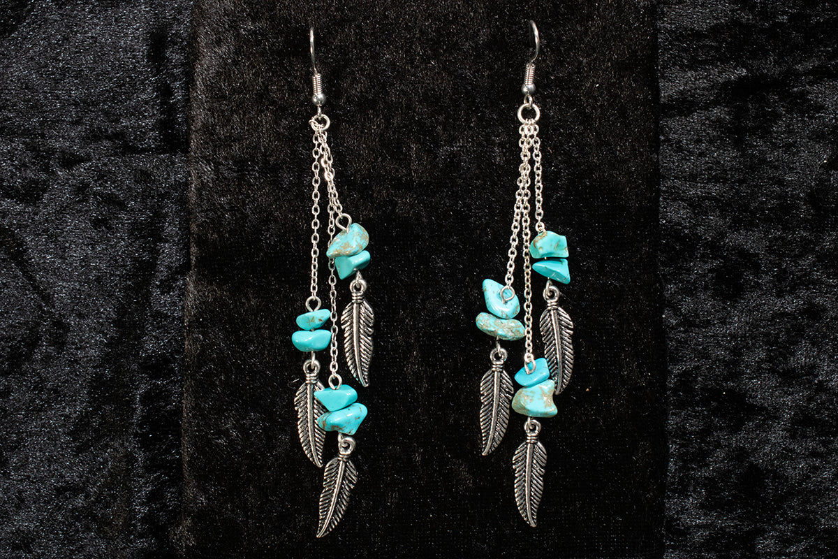Silver Strike Ladies Earrings Turquoise Feathers and Stones