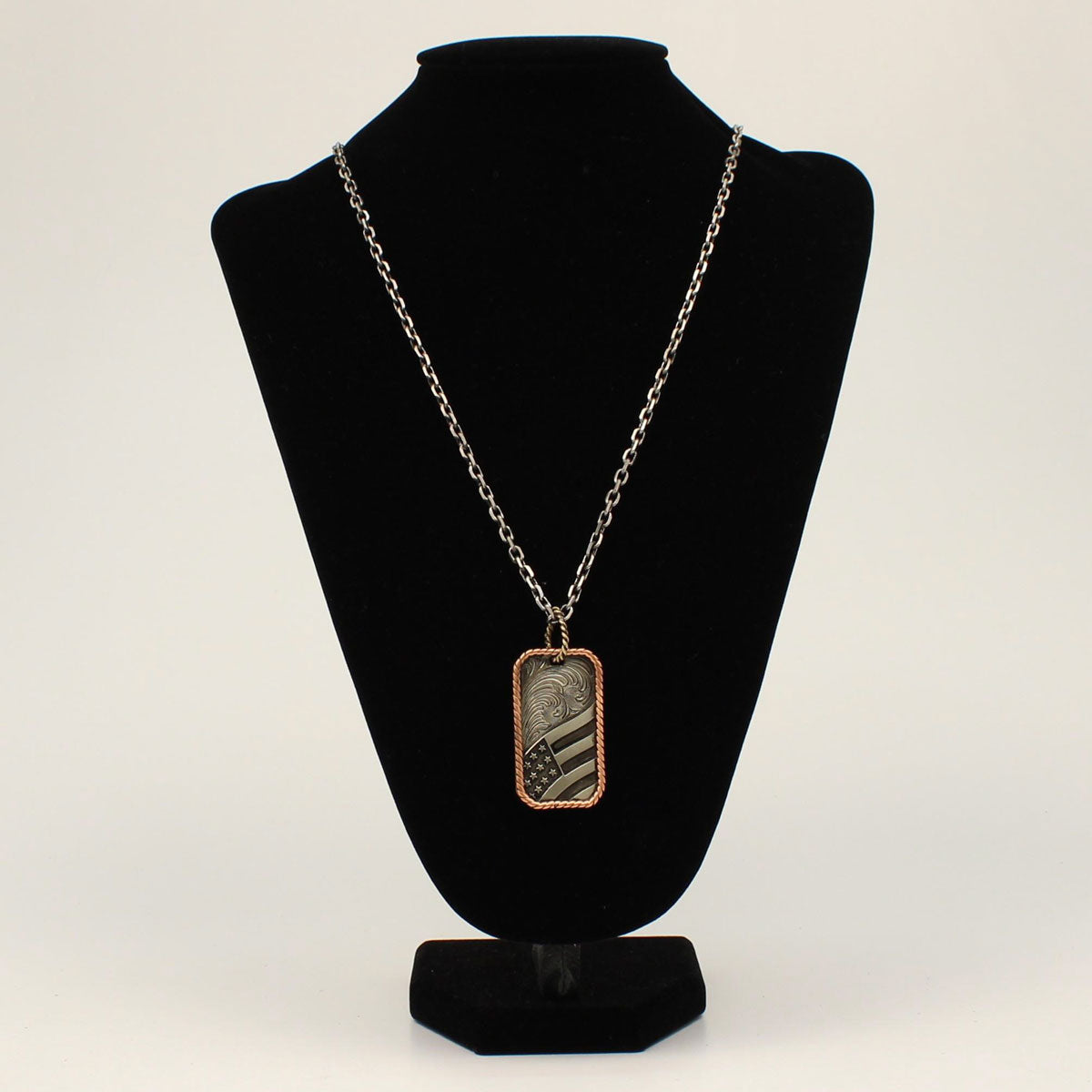 Silver Strike Men's Necklace Antique Silver Dog Tag Style USA Flag and Floral Scrolling Rope Edge