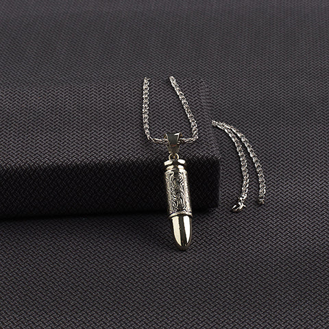 Silver Strike Mens Necklace Antique Shiny Silver Finish Bullet Pendant