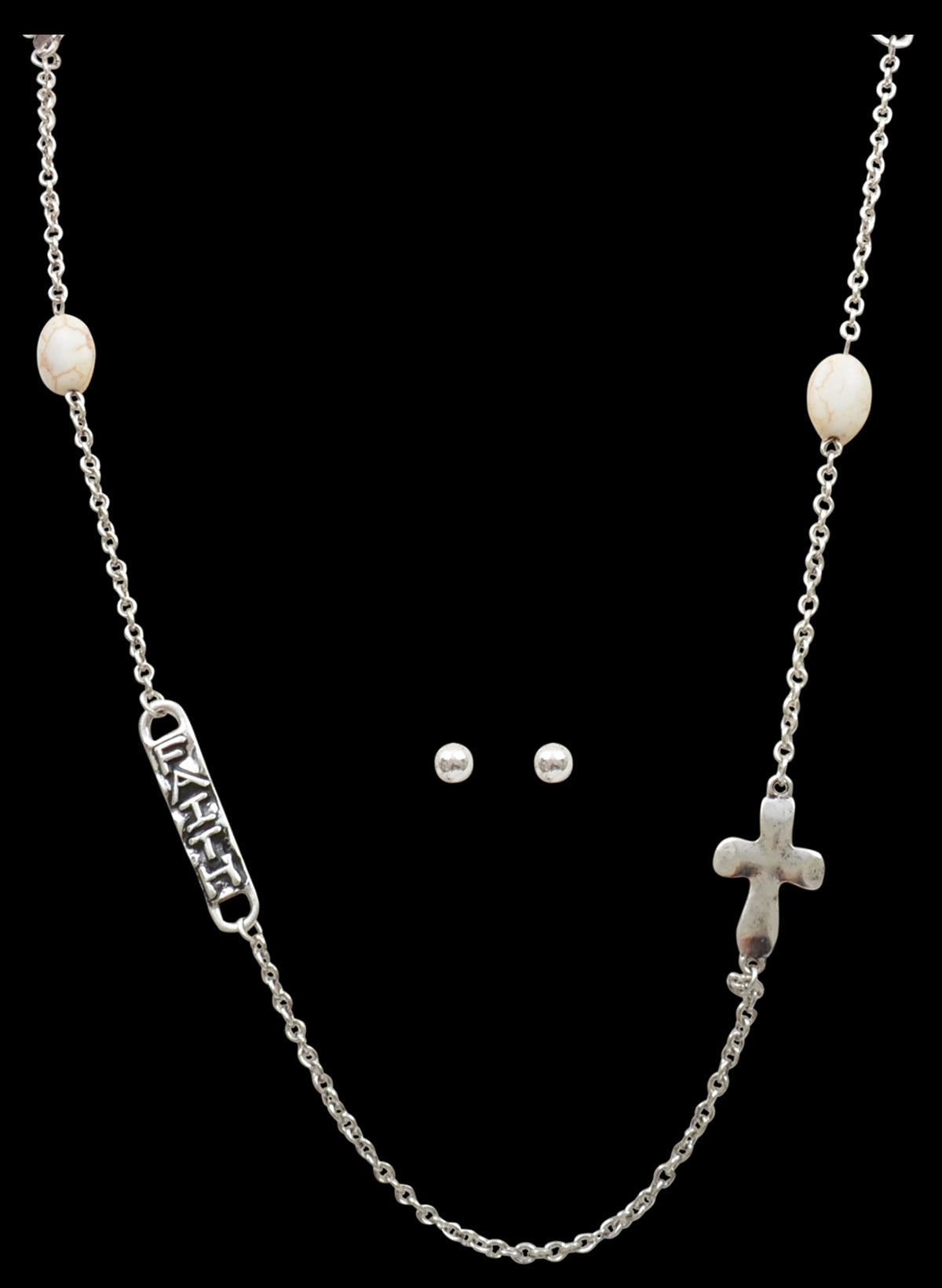 Long Silver Necklace with Faith & Cross