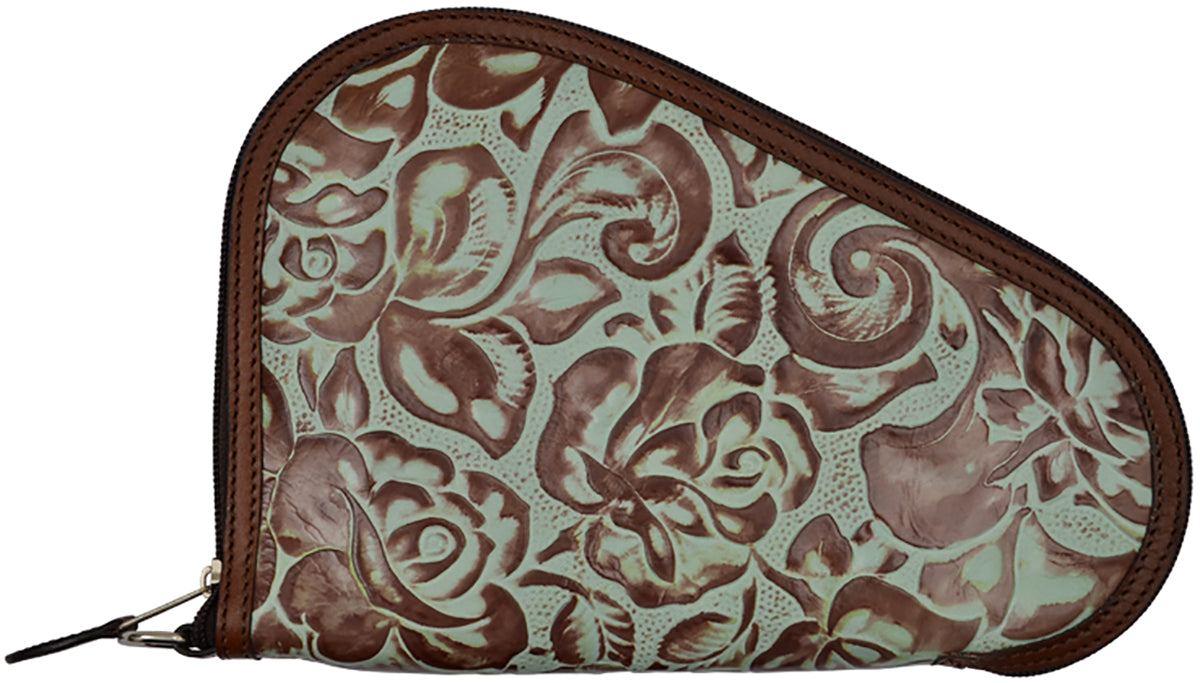 Pistol Case Turquoise and Brown Floral Embossed Leather with Brown Leather Trim