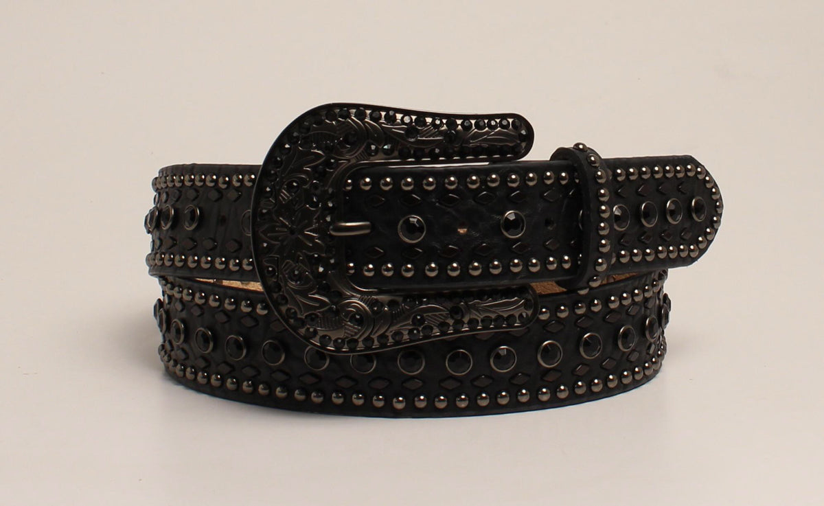 Women's Nocona Black and Metallic Nailhead Trim with Black Rhinestone Accents Belt