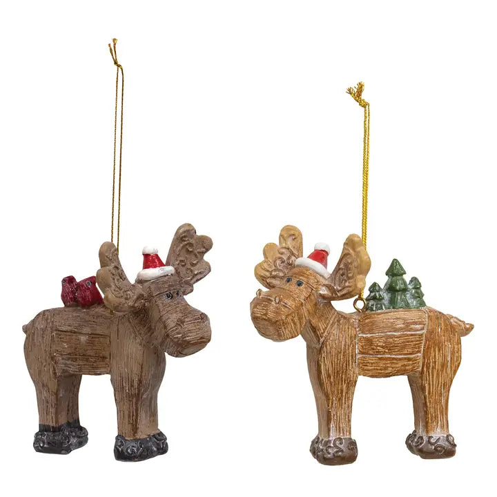 Resin Nordic Carved Look Holiday Moose Ornaments Assorted