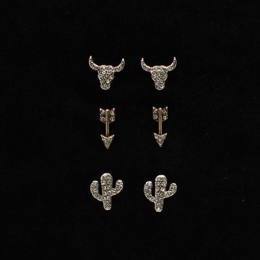 3pc Earring Set Steer/Arrow/Cactus with rhinestones