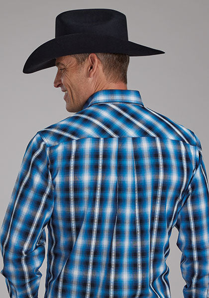 Mens L/S Performance Blue Plaid Snap Shirt