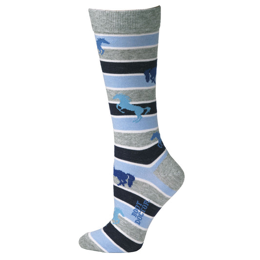 Boot Doctor Ladies Sock Crew Style Light Blue Striped Running Horse Design