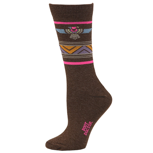 Boot Doctor Ladies Sock Crew Style Brown Thunderbird and Stripe Design