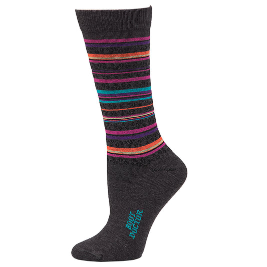 Boot Doctor Ladies Sock Crew Style Charcoal Grey Neon Stripes and Leopard Print Design