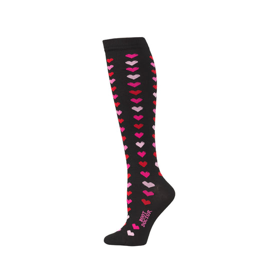 Boot Doctor Socks Ladies Over the Calf Black with Pink and Red Hearts