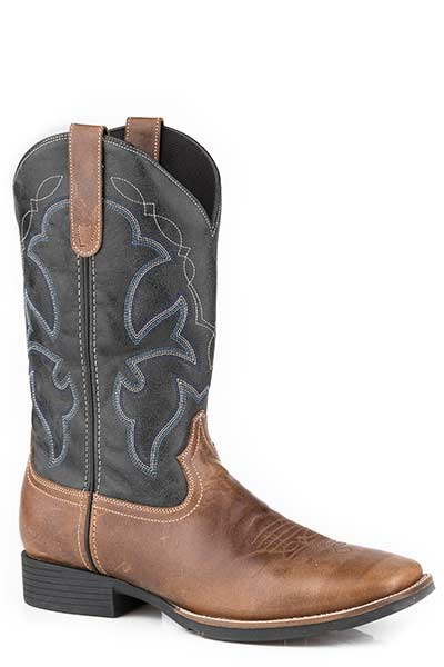 Mens Square Toe Brown Leather Boot w/Navy Shaft