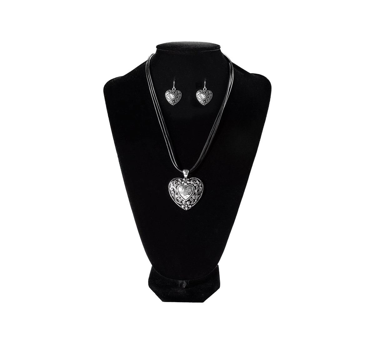 Heart Shaped Pendant Corded Necklace and Earring Set