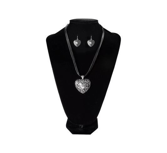 Heart Shaped Pendant Corded Necklace and Earring Set