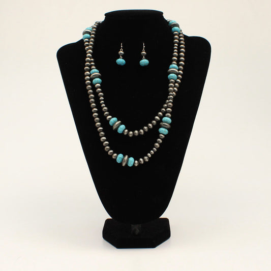 Double Strand Silver & Turquoise Bead Necklace Set