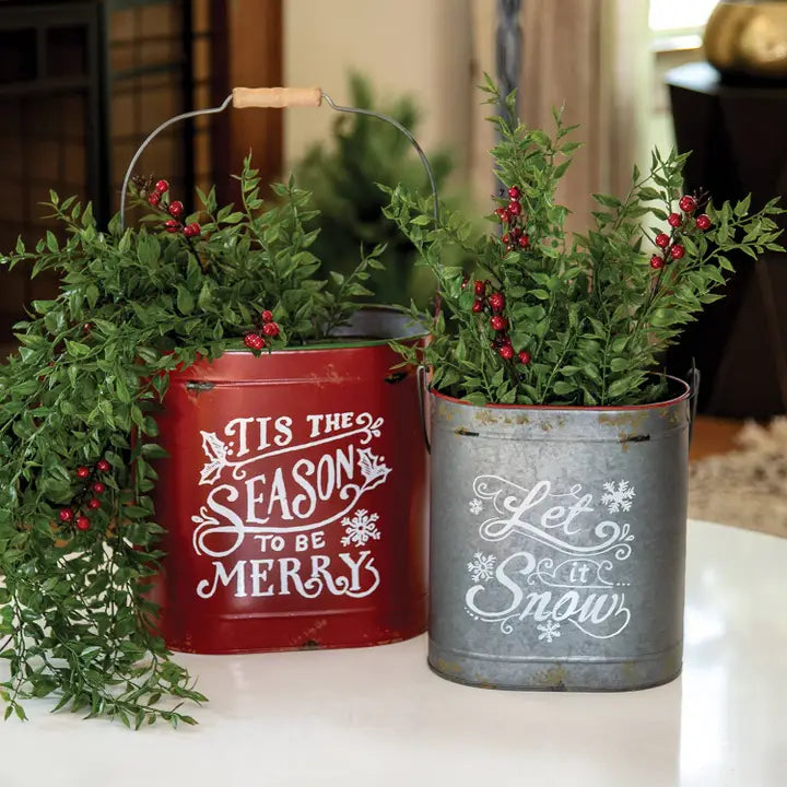 2pk Set Tis the Season & Let It Snow Oval Metal Buckets