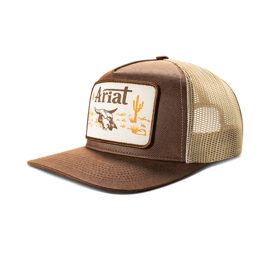 Ariat Mens Cap  Brown  5 Panel Tan Patch with Desert Wasteland Scene