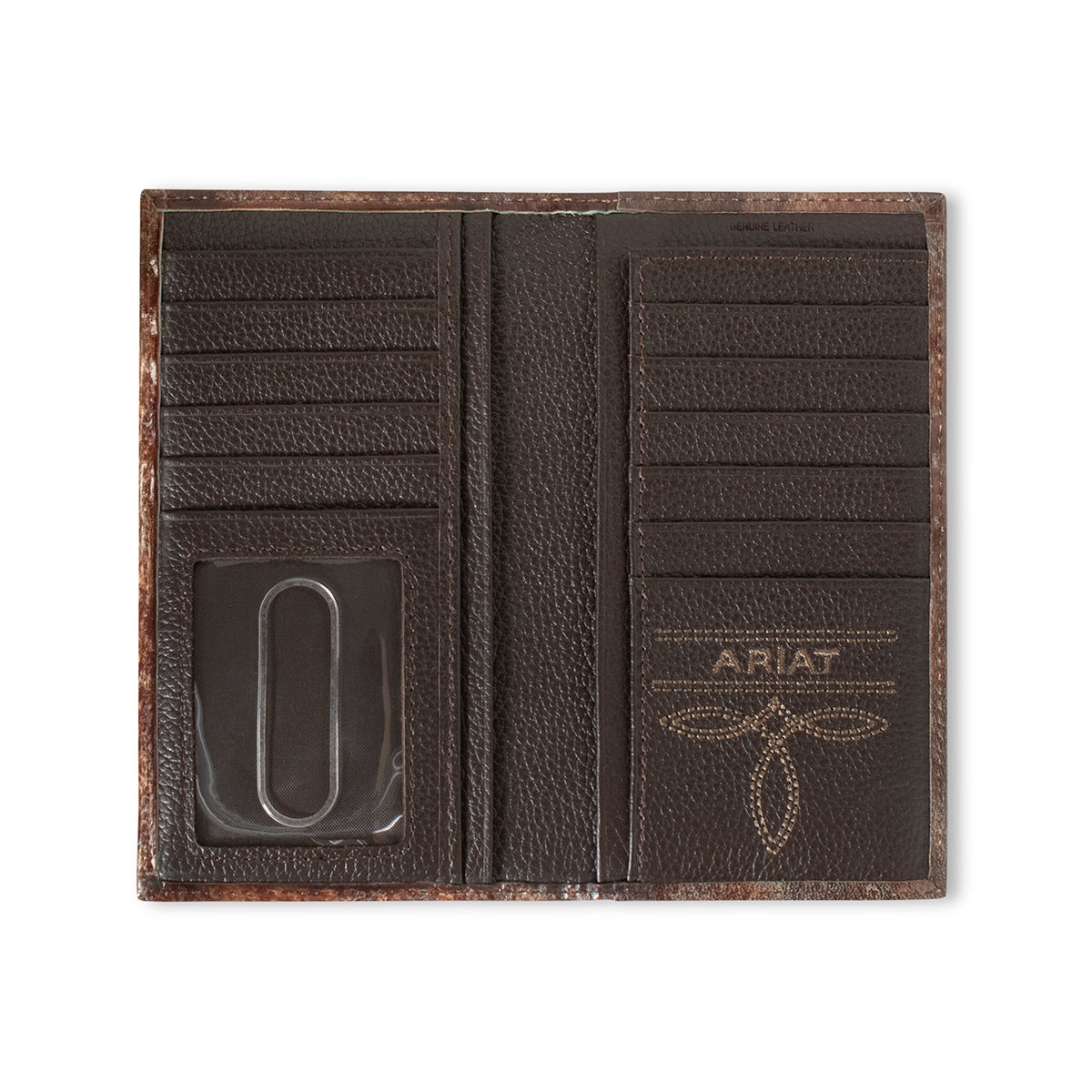 Ariat Mens Wallet Brown Rodeo Style 100% Leather Southwest Embossing Turquoise Outline Around Pattern