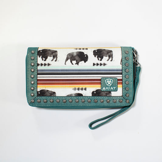 Ariat Ladies Clutch Buffalo and Multi Colored Stripes Turquoise Leather Trim and Wristlet