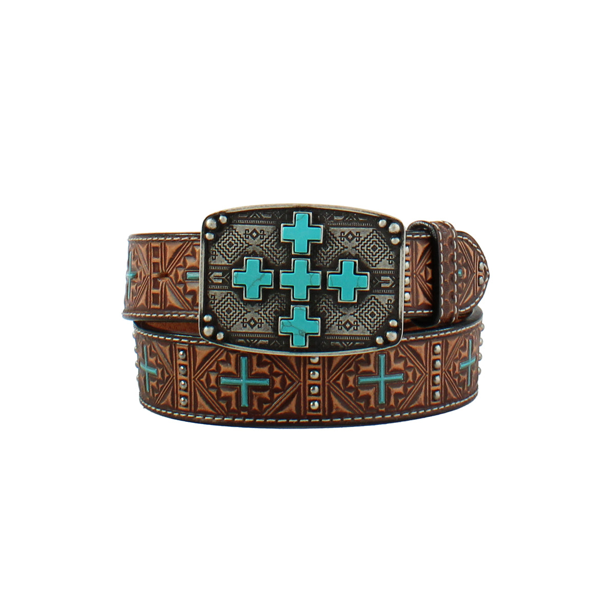 Angel Ranch Ladies Belt Brown Turquoise Cross Design Southwestern Pattern Antique Plate Buckle