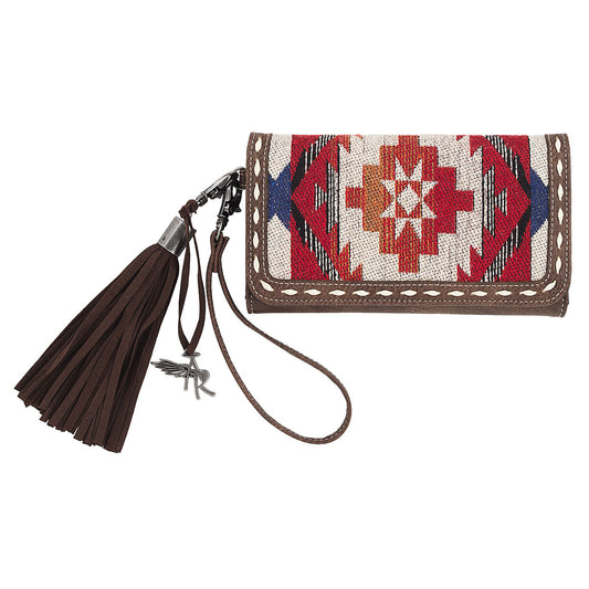 Angel Ranch Clutch Wallet Multi Color Aztec Pattern Ivory Buck Lacing Edges Wristlet Loop and Tassel