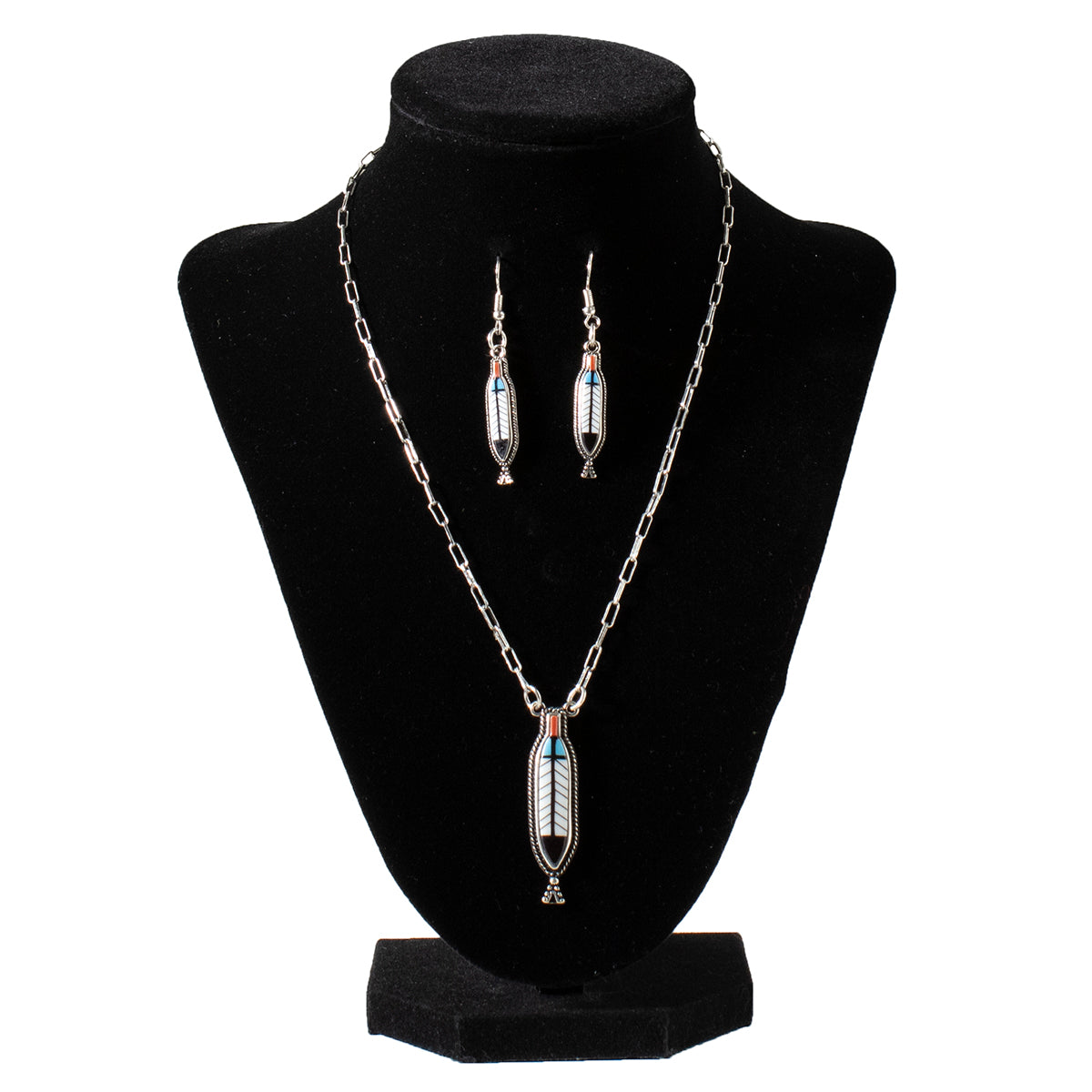 Silver Strike Ladies Earring and Necklace Set Silver Painted Feather Pendant