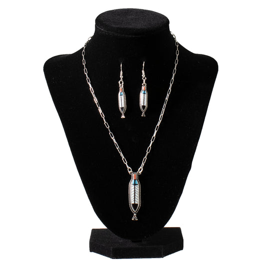 Silver Strike Ladies Earring and Necklace Set Silver Painted Feather Pendant