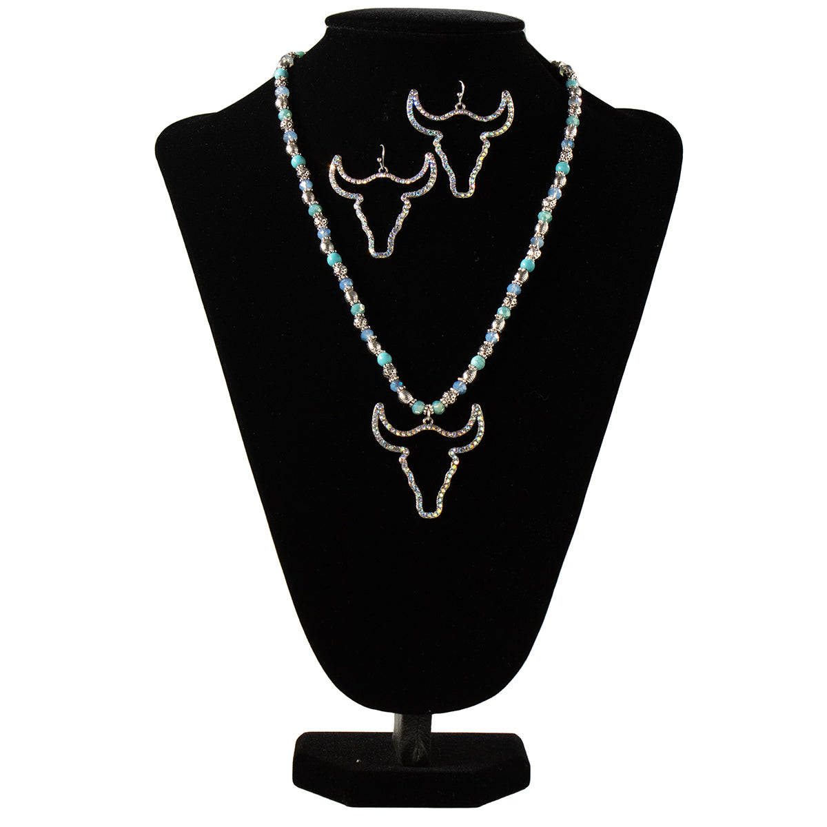 Silver Strike Ladies Earring and Necklace Set Multi Color Beaded Chain with Cow Head Pendant