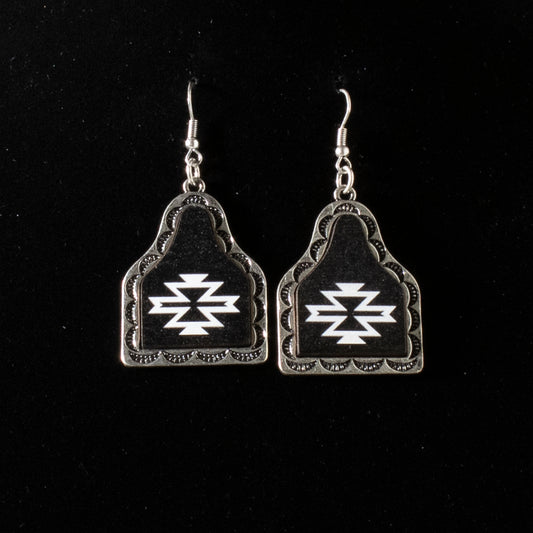 Silver Strike Ladies Earrings Black Dangle Cow Tag Southwest Design