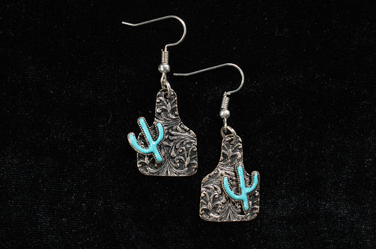 Silver Strike Ladies Earrings Turquoise Engraved Ear Tag Design