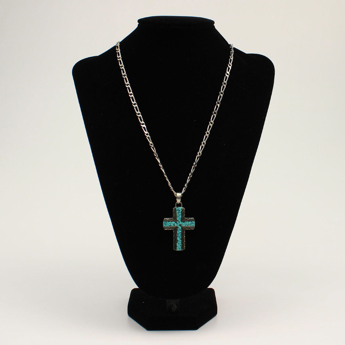 Silver Strike Mens Necklace Silver Cross Pendant Turquoise Inlay