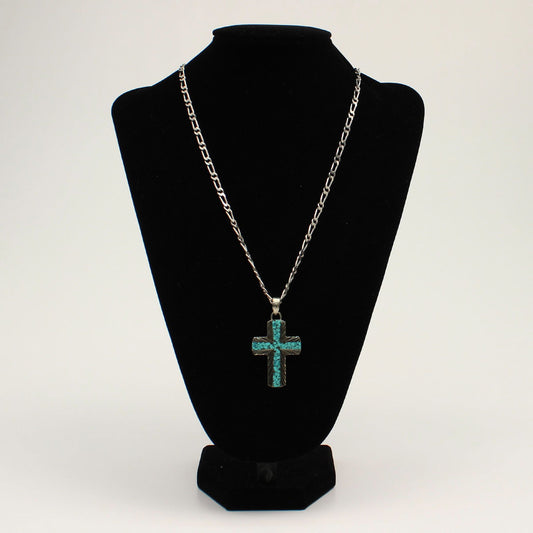 Silver Strike Mens Necklace Silver Cross Pendant Turquoise Inlay