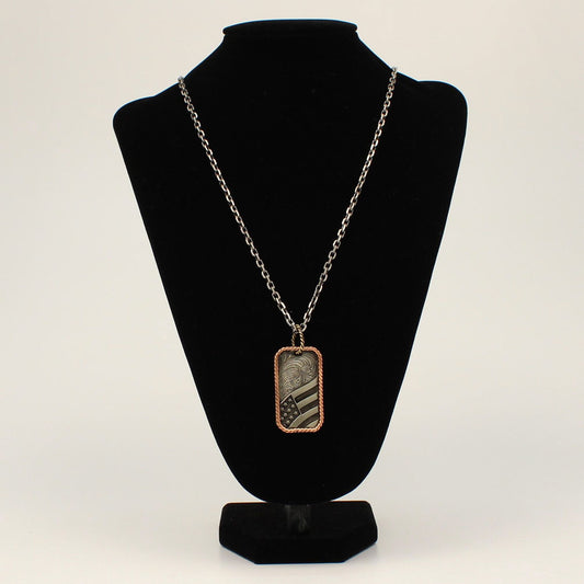 Silver Strike Men's Necklace Antique Silver Dog Tag Style USA Flag and Floral Scrolling  Rope Edge