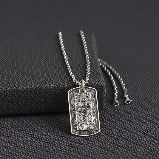 Silver Strike Mens Necklace Antique Silver Finish Dog Tag Pendant with Cross