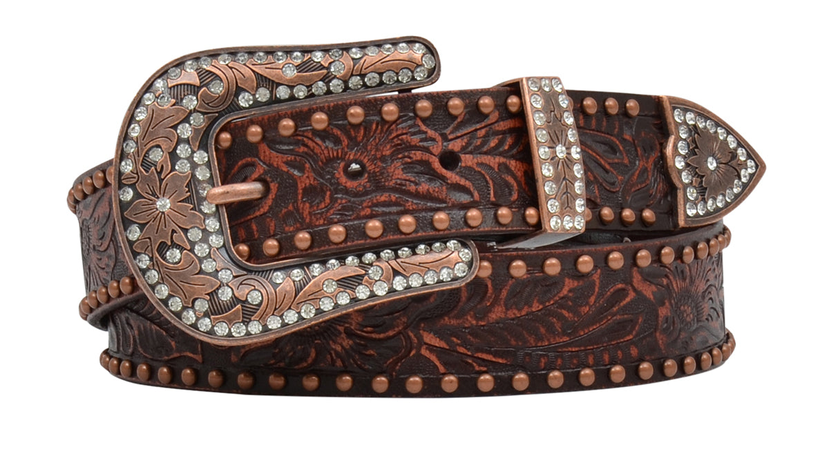 Ladies Dark Brown Floral embossed leather belt with Antique copper tone studs