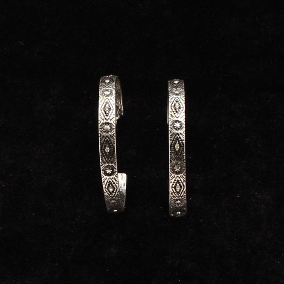 Silver Strike Earrings Silver Tone Hoop Aztec Engraving