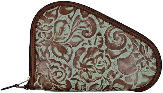Pistol Case Turquoise and Brown Floral Embossed Leather with Brown Leather Trim