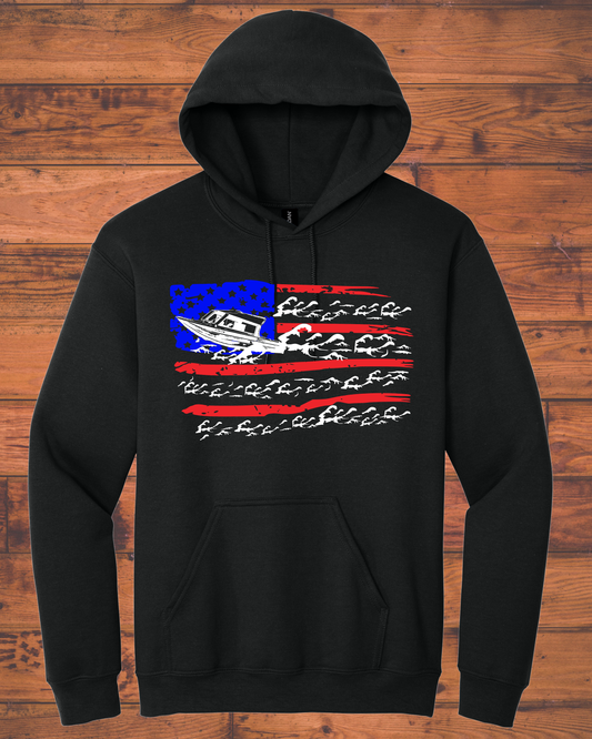 Distressed American Flag with Jet Boat Hoodie
