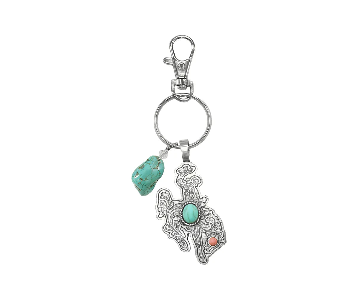 Engraved Bucking Bronco Turquoise Stone Charm Keychain