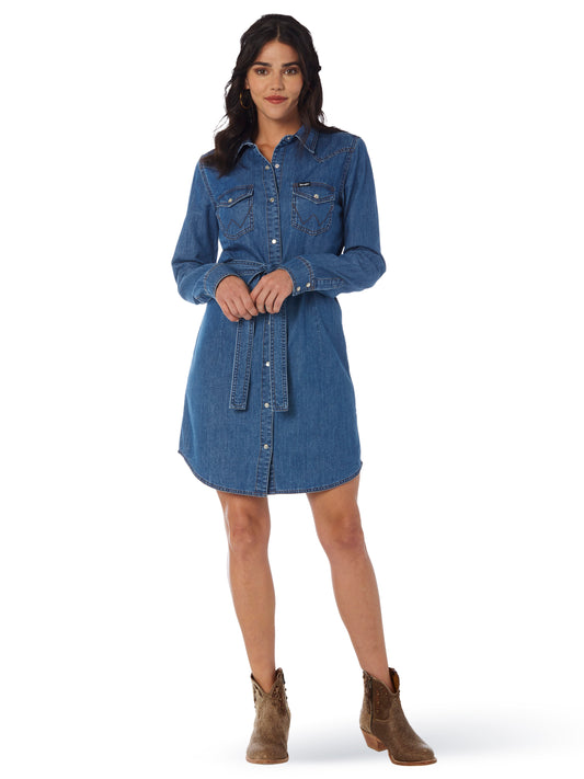 Womens Wrangler Long Sleeve Denim Snap Dress