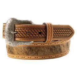 Nocona Mens Belt Light Brown Calf Hair Inlay with Basketweave