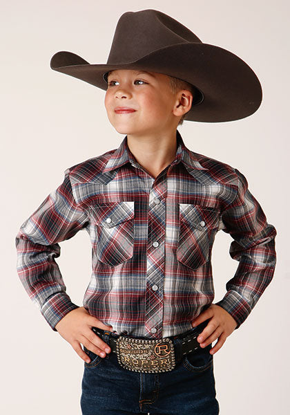 Boys Red/Black/White Plaid L/S Roper Shirt