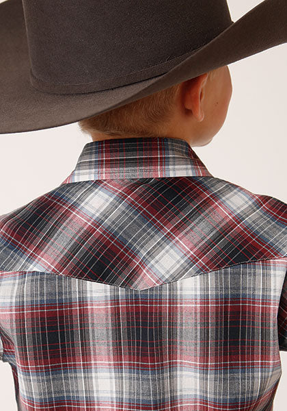 Boys Red/Black/White Plaid L/S Roper Shirt